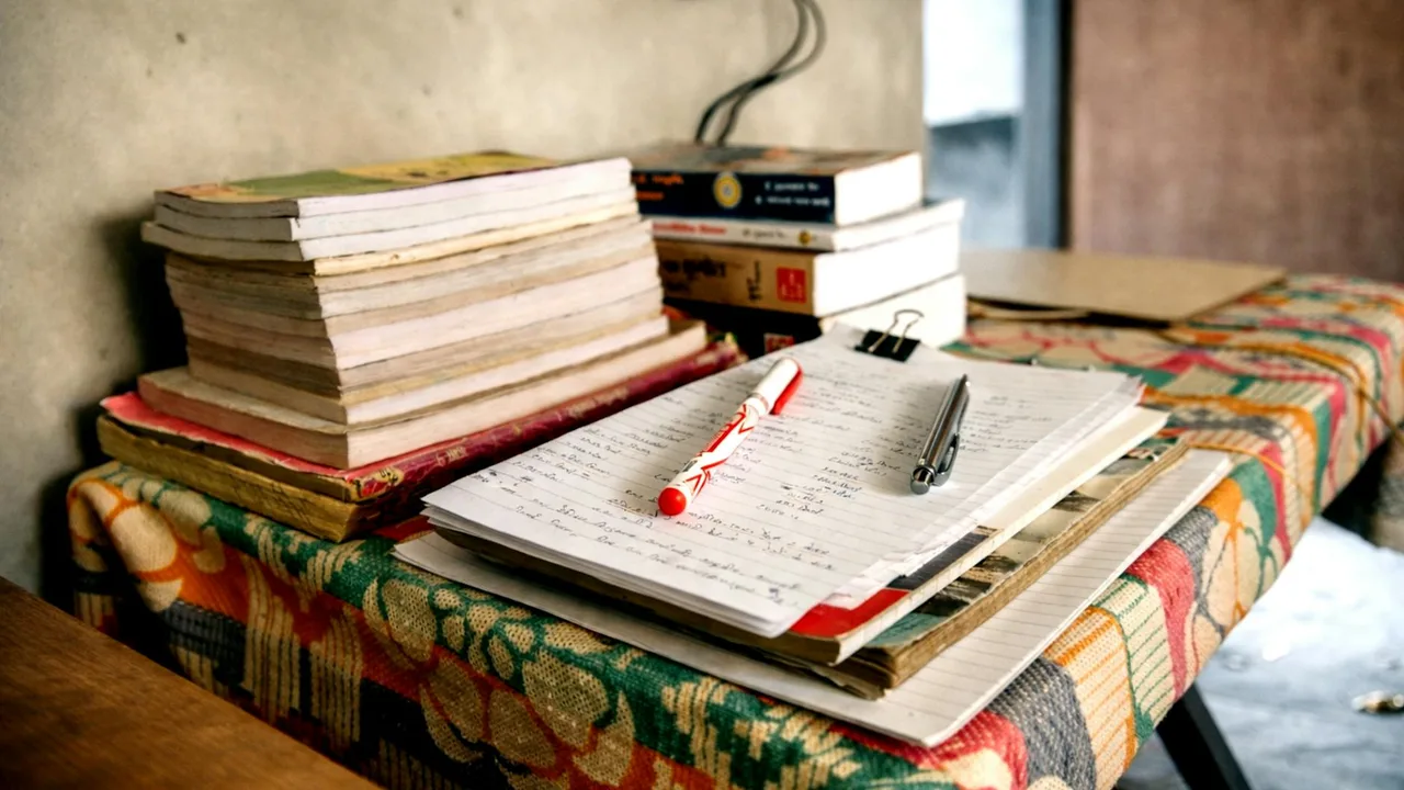 A cluttered study desk with notebooks and pens, creating a warm and intellectual ambiance.