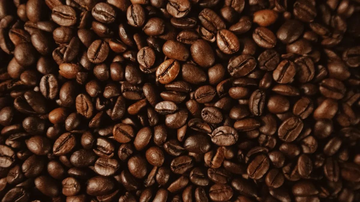 Macro shot of aromatic dark roasted coffee beans, showcasing rich texture and detail.