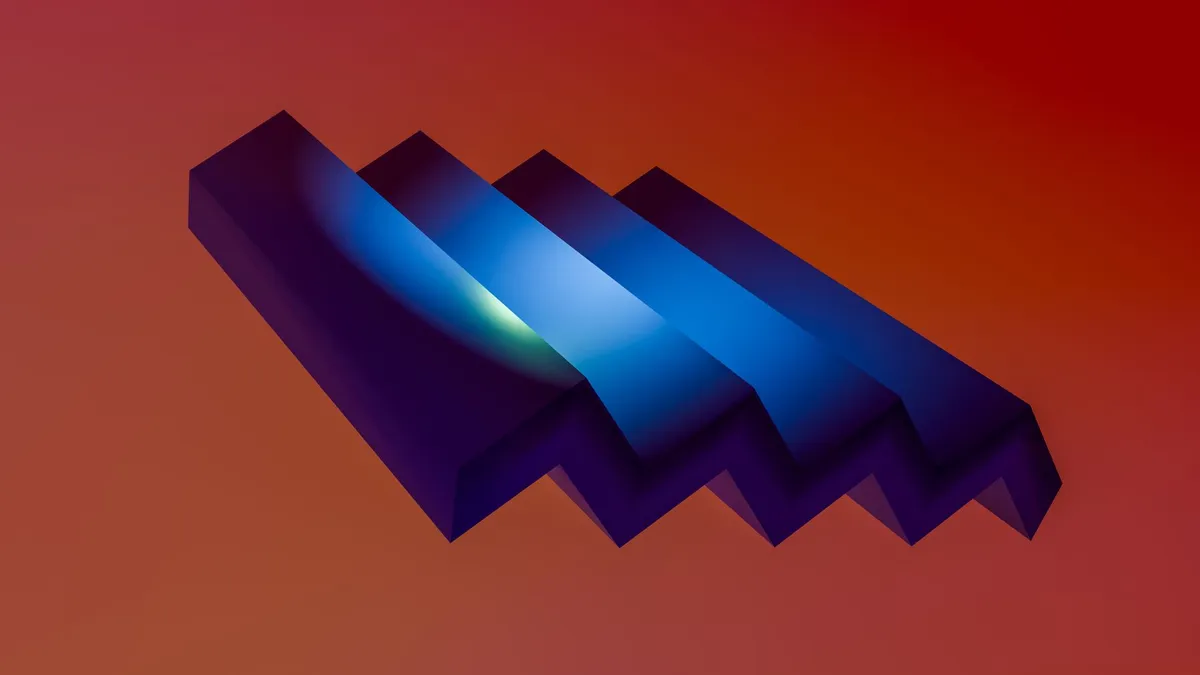 3D abstract art with blue geometric shapes on a warm orange background.
