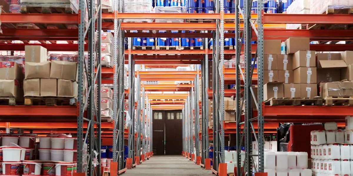 Stocked warehouse storage racks and pallets in a distribution aisle — decorative stock image