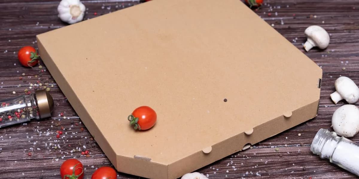 Plain cardboard pizza box with fresh tomatoes, garlic and mushrooms — decorative stock image
